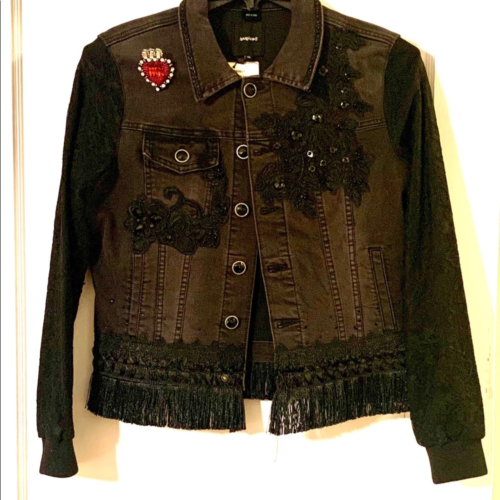 New**Beautiful denim feel jacket with lace and fringe.